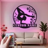Arte murale LED in metallo per ginnastica | Insegna personalizzata con nome per cameretta ragazza | Decor floreale per ginnasta