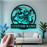 Panneau en métal LED Crâne & Pieuvre | Décoration murale personnalisée | Décor gothique nautique pour chambre de pirate, bar ou homme cave