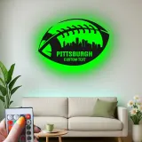 Décoration murale en métal football personnalisée | Enseigne LED personnalisée avec skyline de ville pour salle de jeux | Cadeau pour fan de sport