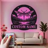 Custom Dragonfly Mountain Scene Led Light Metal Wall Art Personalized Nature Lover Gift Bedroom or Living Room Decor