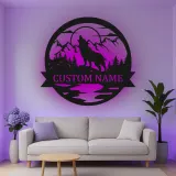 Personalisierte Wolf Heulende Bergszene LED Metall-Wandkunst Geschenk für Naturfreunde Cabin oder Lodge Dekor