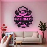Personalisiertes Metall-Wandbild mit Kochmütze und LED-Beleuchtung – Küchen-Geschenk mit Namen