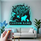 Decoración mural de metal LED de vaca de las Highlands | Decoración farmhouse personalizada | Letrero rústico a medida para amantes de los animales