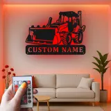 Décoration murale en métal personnalisée avec bulldozer rétroéclairé - Cadeau de construction pour lui - Décor de garage ou d'atelier