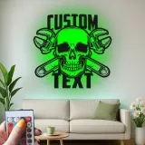 Mechanic Skull LED Sign | Custom Metal Wall Art for Garage | Personalized Man Cave Decor | Biker Bar & Workshop Gift Idea
