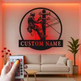 Arte mural LED de metal para liniero | Cartel personalizado con nombre para electricista | Regalo personalizado para trabajador de servicios públicos | Decoración industrial para oficina y garaje