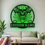 Señal LED de Garaje de Mecánico | Arte de Metal de Pistón y Calavera Personalizado | Placa de Nombre Personalizada para Taller de Reparación de Autos | Regalo para Motociclista