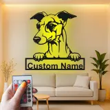 Cartel personalizado con nombre de galgo | Decoración mural de metal con LED | Decoración personalizada para mascotas en la entrada | Regalo para amantes de los perros