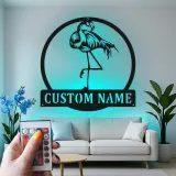 Arte mural de metal LED de flamenco | Cartel tropical personalizado para casa de playa | Decoración de ave Art Deco