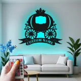 Cartel de carroza de calabaza personalizado | Arte mural de metal para guardería | Decoración temática de princesa con luces LED para habitación de niña