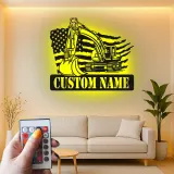Décoration murale en métal LED personnalisée pour excavateur - Cadeau pour travailleurs de la construction - Décor de garage ou de bureau