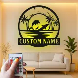 Décoration murale en métal personnalisée avec scène de plage de dauphins et rétroéclairage LED - Cadeau pour amoureux de l'océan - Décor de salon côtier