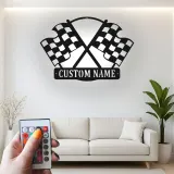Insegna in metallo LED personalizzata con bandiere da corsa - Regalo per appassionati di auto, decorazione per garage o man cave 1