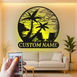 Décoration murale en métal personnalisée coucher de soleil sur la plage avec rétroéclairage LED cadeau côtier pour couples décoration de salon ou patio