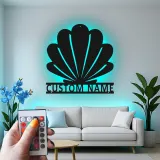 Art Murale en Métal Coquille Saint-Jacques | Décor Personnalisé Maison de Plage | Panneau de Nom Nautique Personnalisé avec LED