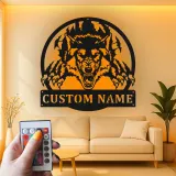 Insegna in metallo LED personalizzata con lupo - Regalo per lui, decorazione per man cave o sala giochi