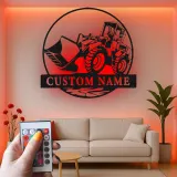 Décoration murale en métal personnalisée avec rétroéclairage Bulldozer - Cadeau pour passionnés de construction - Décor de garage ou atelier