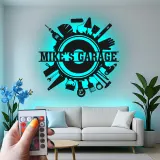Enseigne LED personnalisée pour garage | Décoration murale en métal personnalisée avec outils | Déco atelier et man cave | Cadeau pour bricoleur