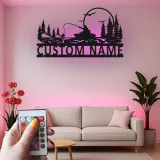Cartel de pesca personalizado con luz LED | Arte mural de metal personalizado para casa de campo | Regalo para pescador y angler
