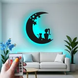 Art mural LED en métal Fille et chat | Panneau silhouette lune et étoiles | Déco rétroéclairée pour chambre bébé et chambre | Cadeau personnalisé pour amoureuse des chats