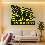 Custom Soldier Metal Sign | LED American Flag Wall Art | Patriotic Veteran Gift | Army Man Cave Decor