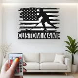 Personalized Hockey Player Metal Sign | Custom Name LED Wall Art with USA Flag | Game Room Decor for Sports Fan