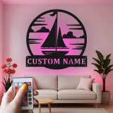 Personalized Sailboat Metal Sign with LED | Nautical Wall Art for Coastal Home | Custom Beach House Decor & Boating Gift