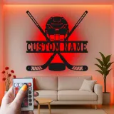 Enseigne personnalisée de hockey | Décoration murale LED en métal | Déco personnalisée pour joueur, salle de jeux | Cadeau fan de sport