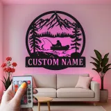 Insegna da pesca personalizzata con LED | Insegna in metallo personalizzata | Decorazione per casa al lago per pescatori | Regalo per appassionati di pesca
