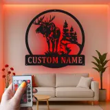 Panneau en métal personnalisé avec élan et lumières LED | Art mural personnalisé pour cabane | Décoration rustique de forêt et de faune | Cadeau pour chalet de chasseur