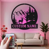 Custom Deer Mountain Scene Led Light Metal Wall Art Personalized Nature Lover Gift Cabin Decor