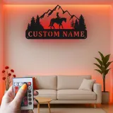 Art en métal personnalisé de cavalier de cheval | Panneau LED équestre personnalisé | Décor mural de ranch et de cabane pour cadeau