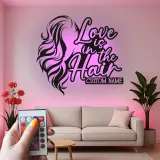 Custom Hairstylist LED Sign | Personalized Metal Wall Art for Salon Decor | Love is in the Hair Light Up Nameplate