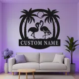 Insegna in metallo con fenicottero personalizzata e LED | Decorazione tropicale per casa al mare | Arte murale con nome per patio e soggiorno