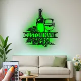 Décoration murale en métal personnalisée avec bouteille de vin et verre en rétroéclairage - Cadeau pour les amateurs de vin, décoration de cuisine ou de bar