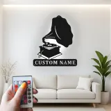 Arte Murale in Metallo con Gramofono Personalizzato | Decorazione Musicale Illuminata a LED | Insegna con Nome Personalizzato per Studio o Soggiorno