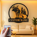 Panneau en métal personnalisé avec élan et lumières LED | Art mural personnalisé pour cabane | Décoration rustique de forêt et de faune | Cadeau pour chalet de chasseur