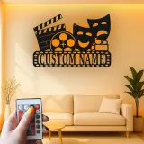 Personalized Theater Sign with LED | Custom Movie Room Decor | Metal Film Reel & Masks Wall Art for Cinema Lover Gift