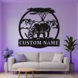 Insegna in metallo LED personalizzata a forma di rinoceronte | Arte da parete safari | Regalo personalizzato per amanti degli animali | Decorazione in acciaio illuminata