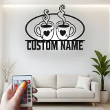 Cartel de metal personalizado con luz LED para pareja de tazas de café, regalo personalizado para cocina o decoración de café