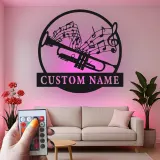 Décoration murale en métal personnalisée avec rétroéclairage LED - Cadeau pour musiciens - Décor de salle de musique avec notes de musique et trompette