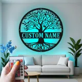 Art Mural LED Arbre de Vie | Panneau de Nom de Famille Personnalisé | Décor Métal Personnalisé pour Entrée | Cadeau de Crémaillère pour Couples