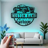 Insegna in metallo LED personalizzata per garage con auto classica - Regalo per appassionati di auto - Decorazione per garage
