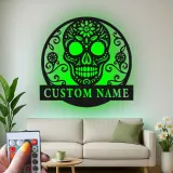 Sugar Skull LED Metal Wall Art | Personalized Day of the Dead Sign | Custom Name Gothic Decor for Home & Studio | Laser-Cut Metal