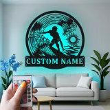 Personalized Surfer Light Metal Wall Art | Custom Name Sign for Beach House Decor | Coastal Surfing Gift