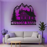 Custom Mountain Cabin Led Light Metal Wall Art Personalized Housewarming Gift Rustic Living Room Decor