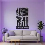Arte murale LED in metallo con Pastore Tedesco | Insegna personalizzata con nome del cane | Decorazione patriottica con bandiera americana per casa o ufficio