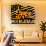 Personalized Semi Truck Metal Art | LED American Flag Sign | Patriotic Trucker Decor & Gift for Man Cave | Laser Cut Steel