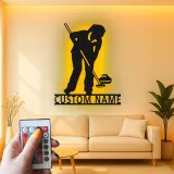 Insegna in metallo con giocatore di curling e luce LED - Regalo sportivo per appassionati di curling - Decorazione per sala giochi