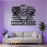 Custom Plumber Skull Metal Sign | LED Light Wall Art with American Flag | Personalized Gift for Plumbers, Workshop, or Garage Decor